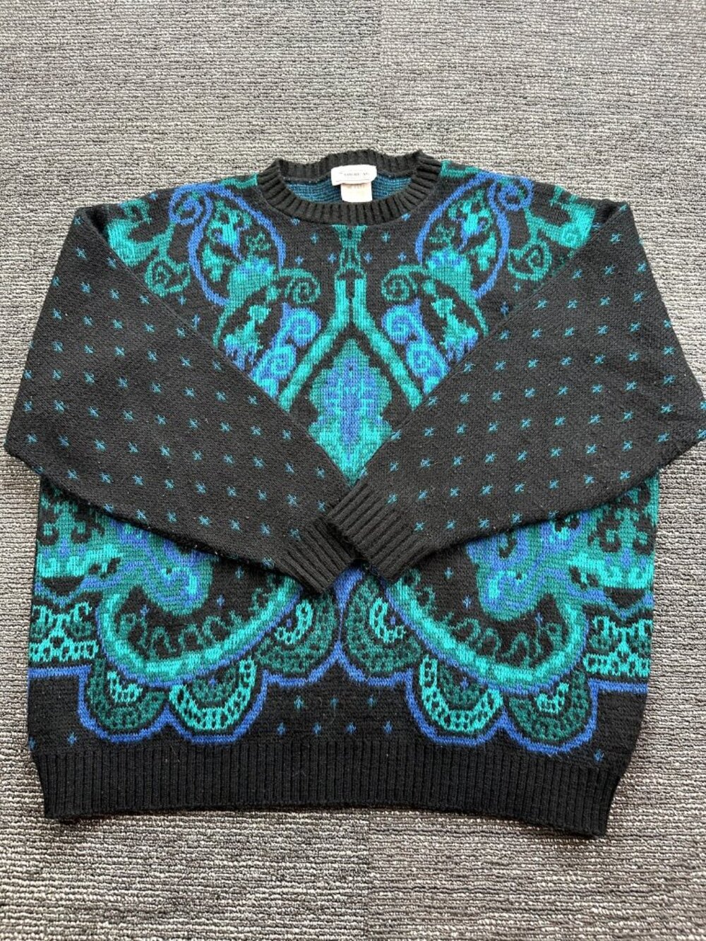 Vintage The American Collection Paisley Knit Sweater XL Black Teal Blue USA Made